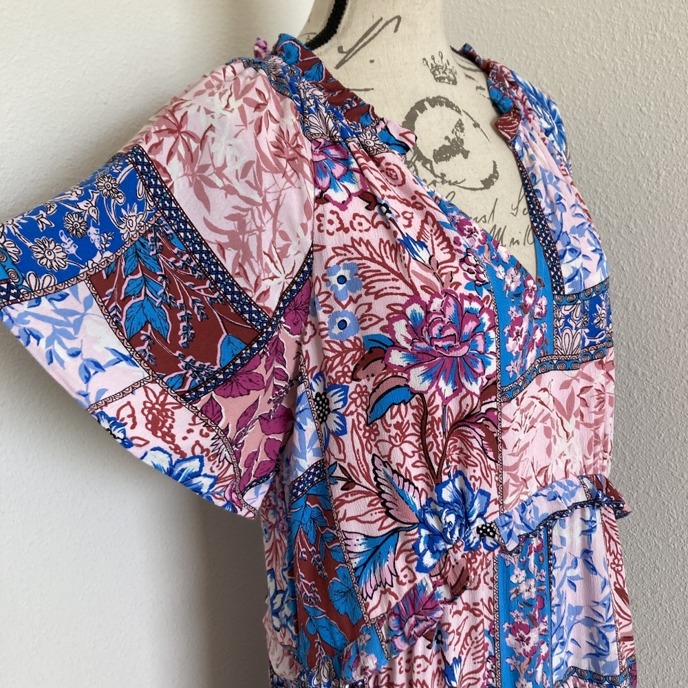 By Anthropologie Robin Tiered Mini Dress L Boho Floral Festival Flowy Patchwork - Picture 8 of 17